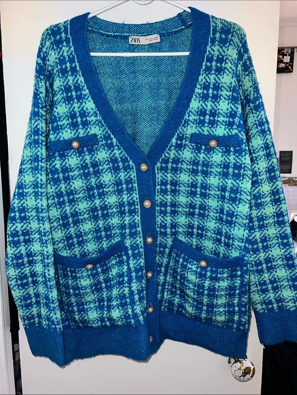 Zara Blue Teal Plaid V-Neck Button Front Cardigan